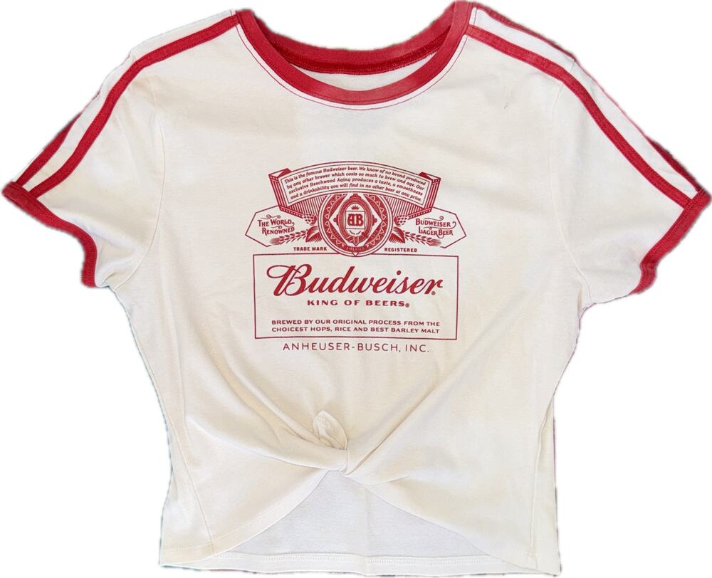 Budweiser King of Beers Ringer Tie-Front Crop Tee